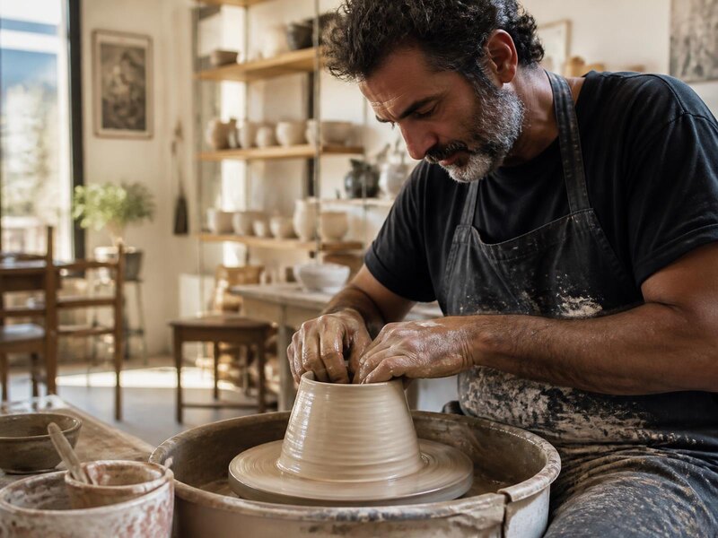 Hands shaping clay at a pottery wheel during an Athens art workshop