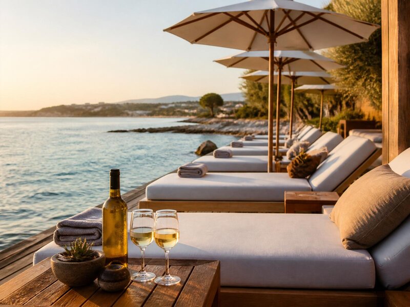 Sun beds and parasols on a sandy Athens Riviera beach beside clear turquoise water