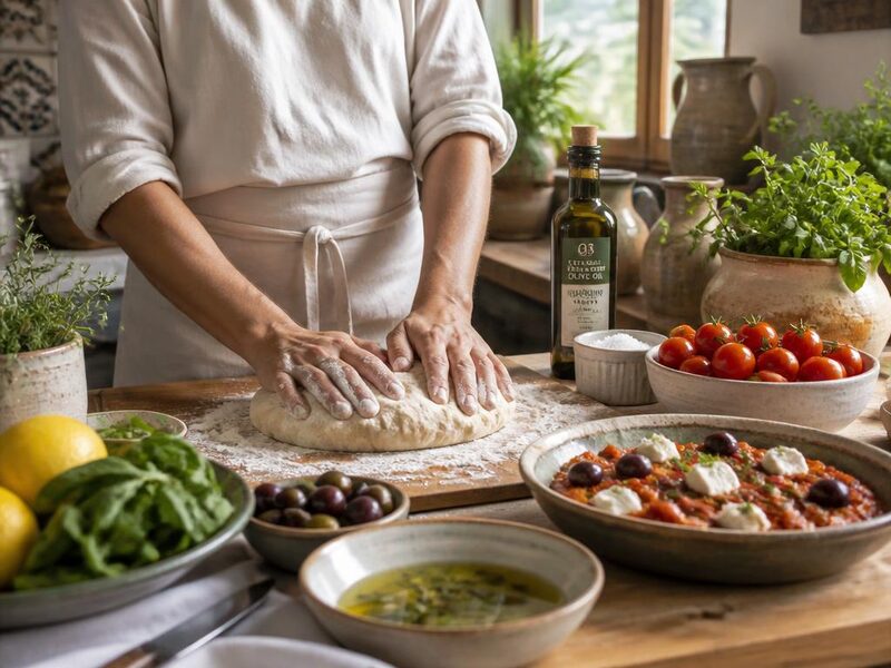 Hands preparing traditional Greek dishes with fresh ingredients during a cooking lesson