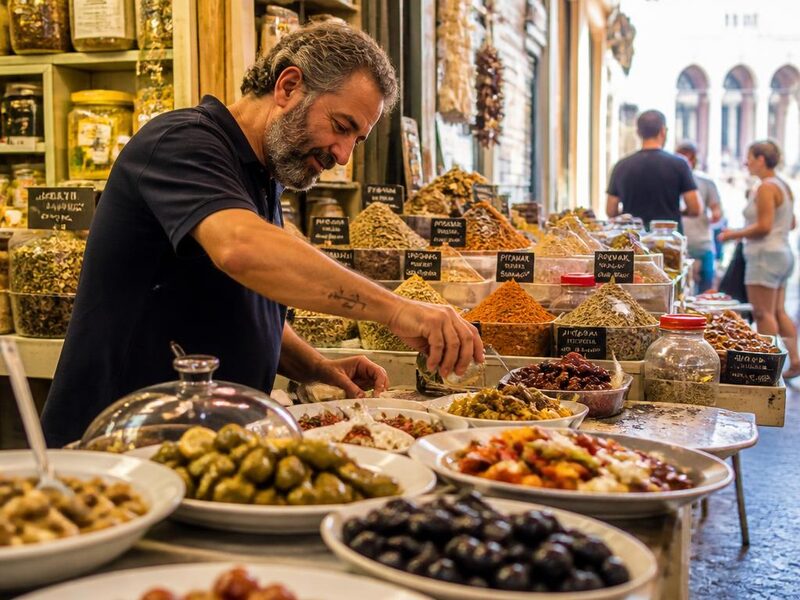 Small plates of Greek street food at a busy Athens market stall during a food tour