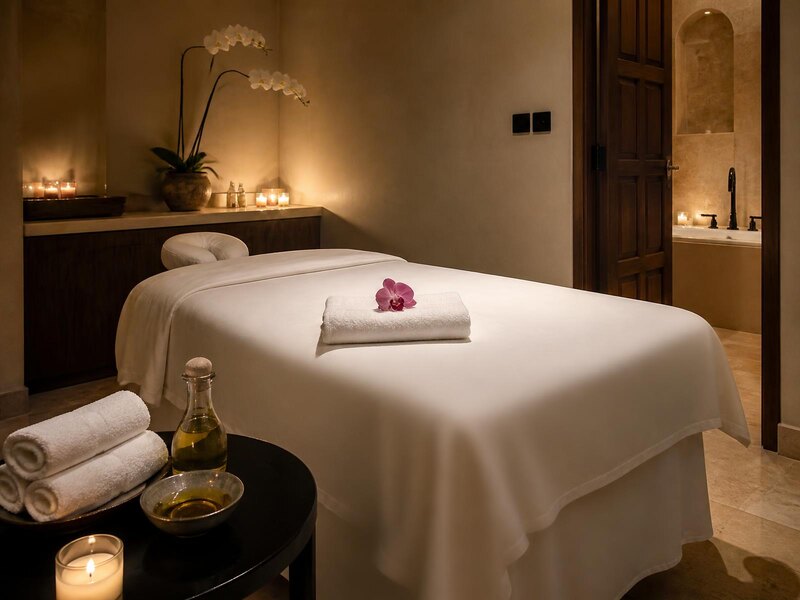 A relaxing in-suite massage treatment with warm towels and candlelight