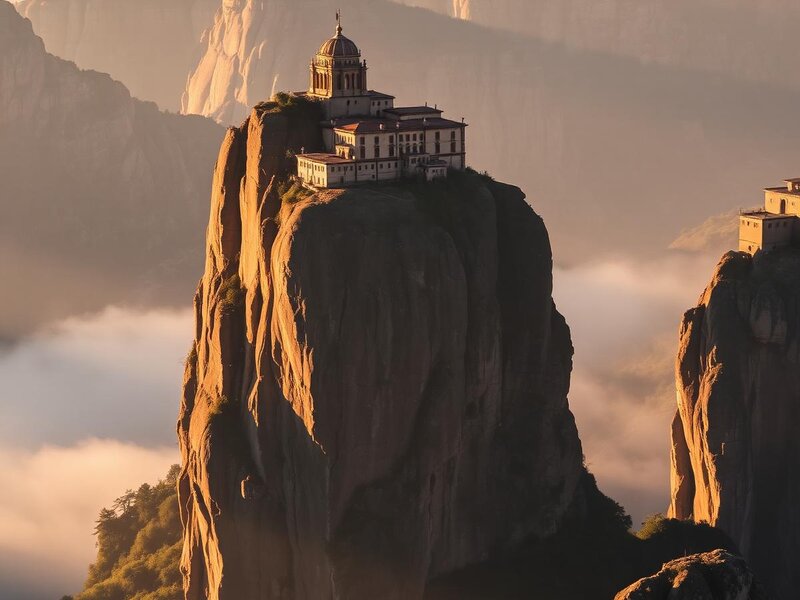 Monasteries perched on the towering rock pillars of Meteora above a misty valley