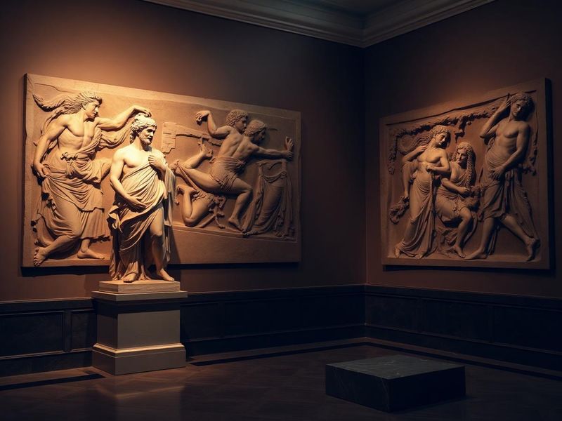 Ancient Greek marble statue of a mythological figure lit against a dark museum background