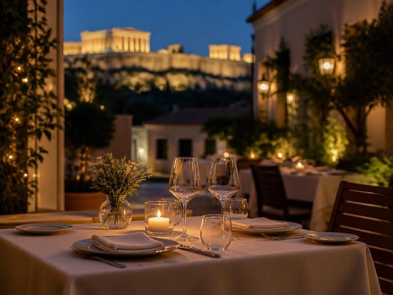 Table set for dinner at an intimate Athens restaurant with warm evening lighting