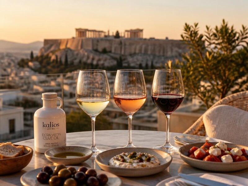 Glasses of Greek wine poured for a tasting beside bottles on a rustic wooden table