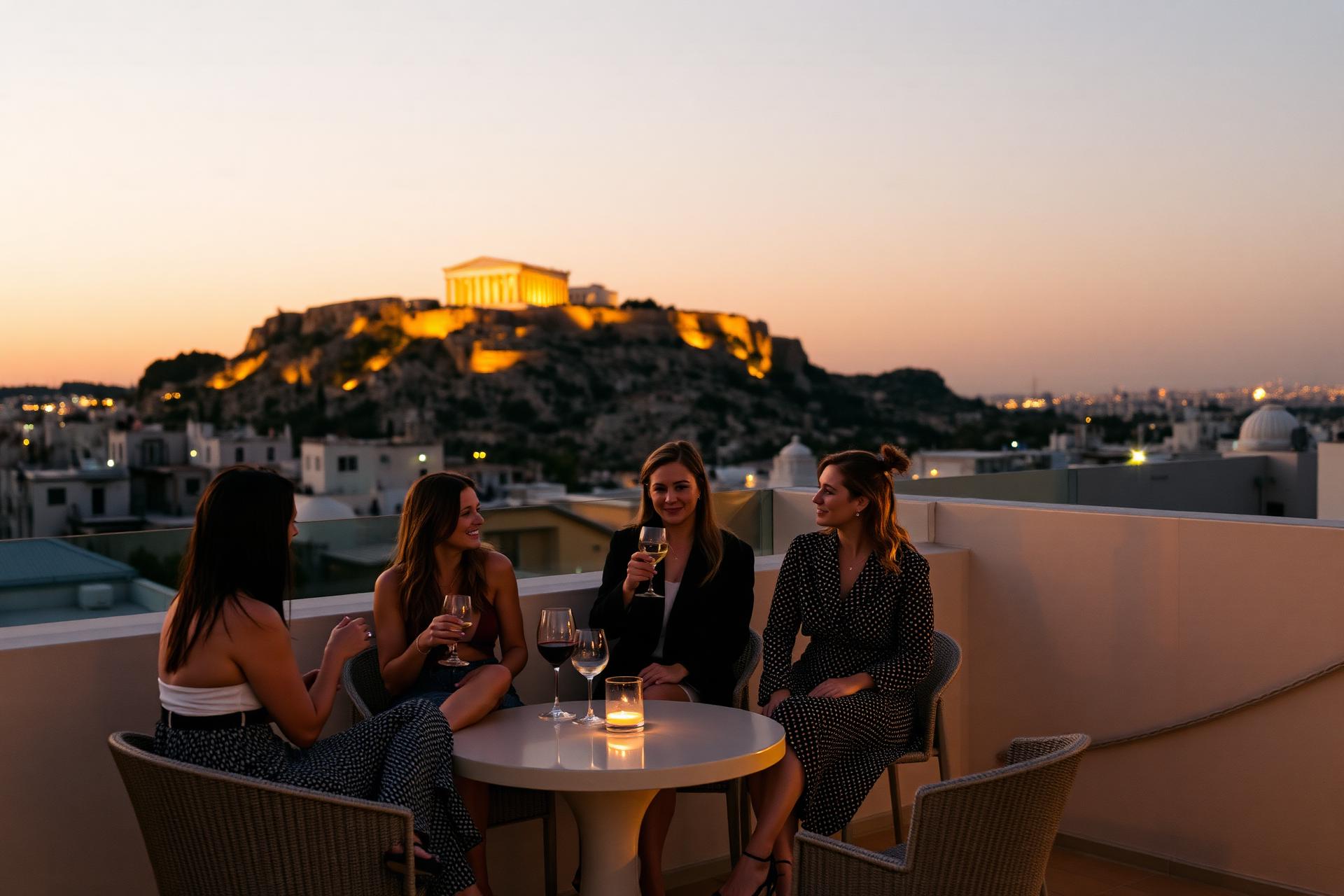 Athens rooftop at golden hour with the Acropolis